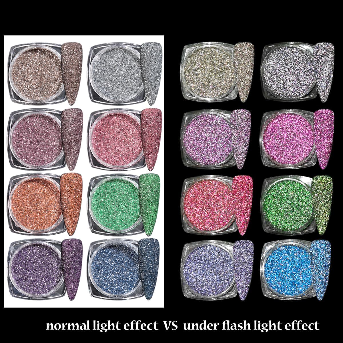 Reflective Glitter Powder Set, 16 Colors Sparkle Diamond Nail Glitter Dust, Silvery Pink Purple Green Loose Glitter for Nails, Shiny Sugar Nail Powder Dipping Pigment, Nail Supplies, Loose Glitter Powder